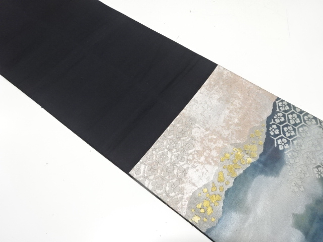  アンティーク　服部織物製　こはく錦　道長取りに花亀甲模様織り出し袋帯（材料）